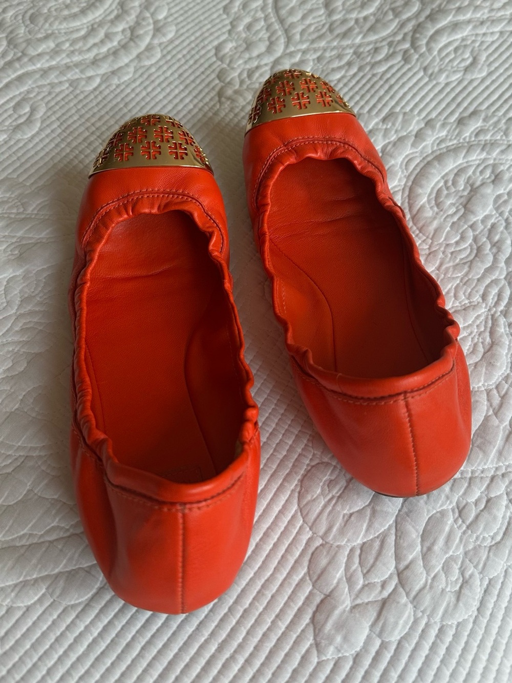 Tory Burch Orange Leather Ballet Flats with Gold Logo Cap